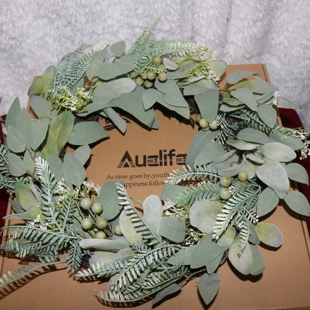 Artificial Eucalyptus wreath 14 inches wide new open box W/LED bluetooth lights
